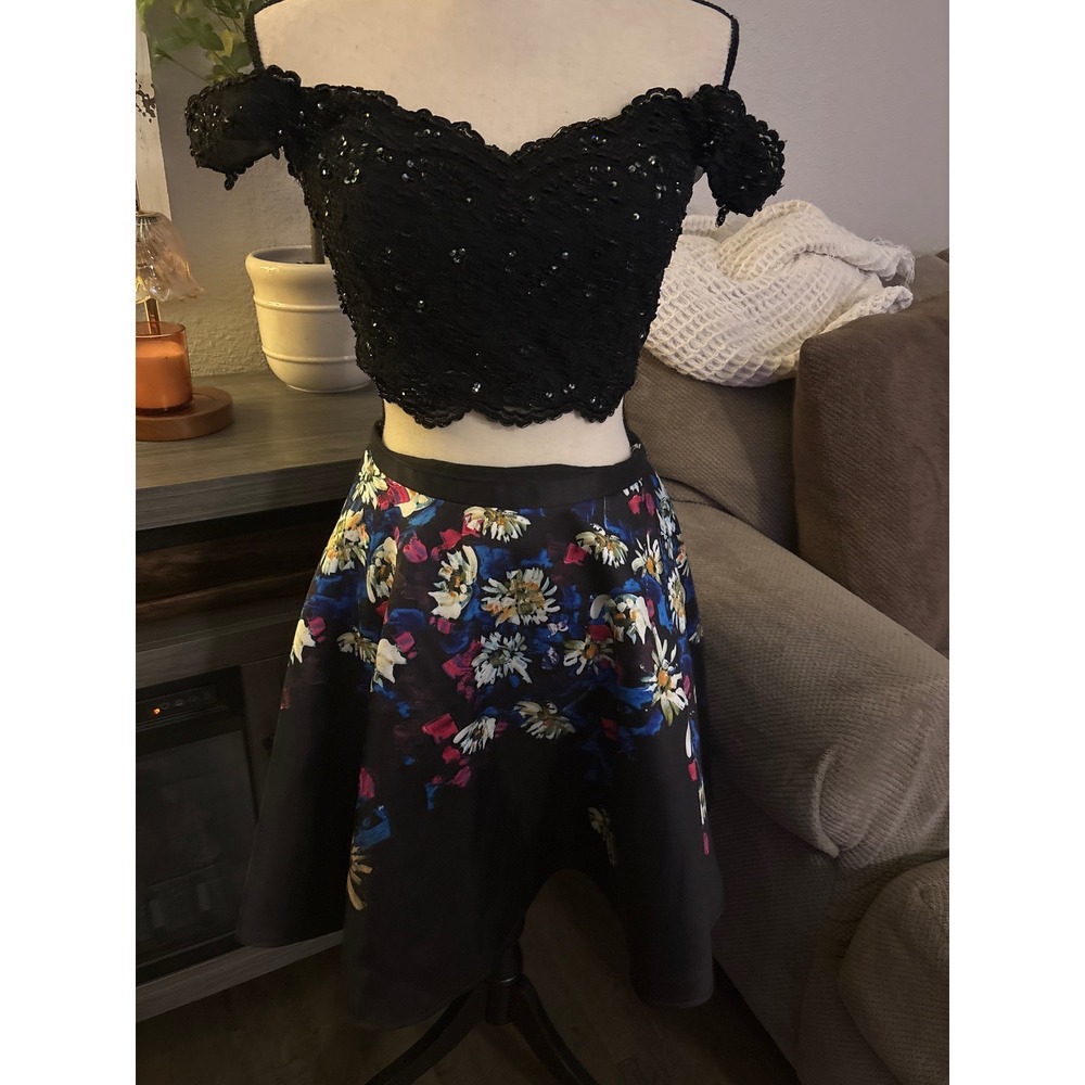 Ellie Wilde Mon Cheri 2 Piece Prom Dress Black Lace Sequin Floral Skirt Set 6